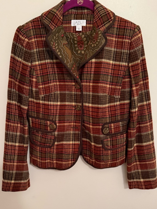 ATL Studio Jackets & Blazers - Plaid Tailored Blazer in Red & Brown with Paisley Collar